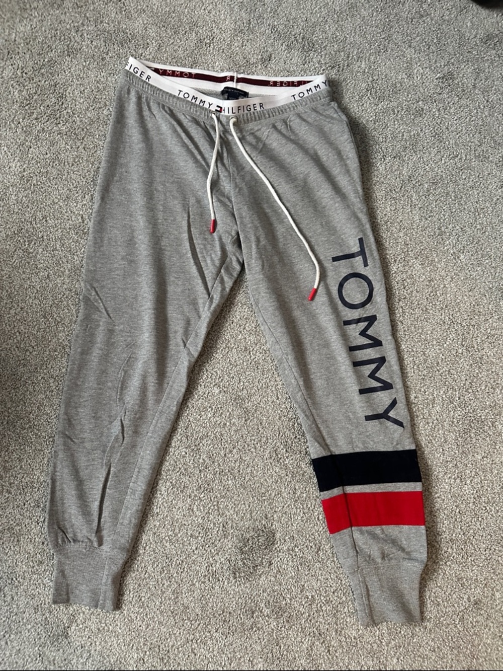 Tommy Hilfiger Gray Sweatpants with Navy & Red Stripe